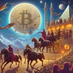 Bitcoin digital currency symbol on futuristic blockchain background