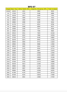 "BPS-07 federal government employees ke liye 2025 ke revised pay scale ka table. Table mein basic pay, 10% Adhoc Relief Allowance, 30% Disparity Reduction Allowance aur total salary increase mukhtalif stages (Initial se 30th stage tak) ke liye dikhaya gaya hai."