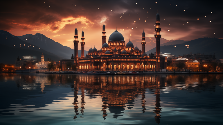 Beautiful view of a mosque with a dome and minaret, symbolizing Islamic architecture