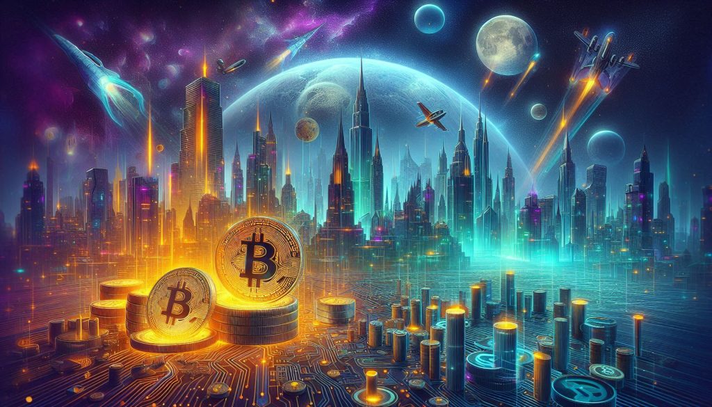 Golden Bitcoin coin with financial chart showing price growth