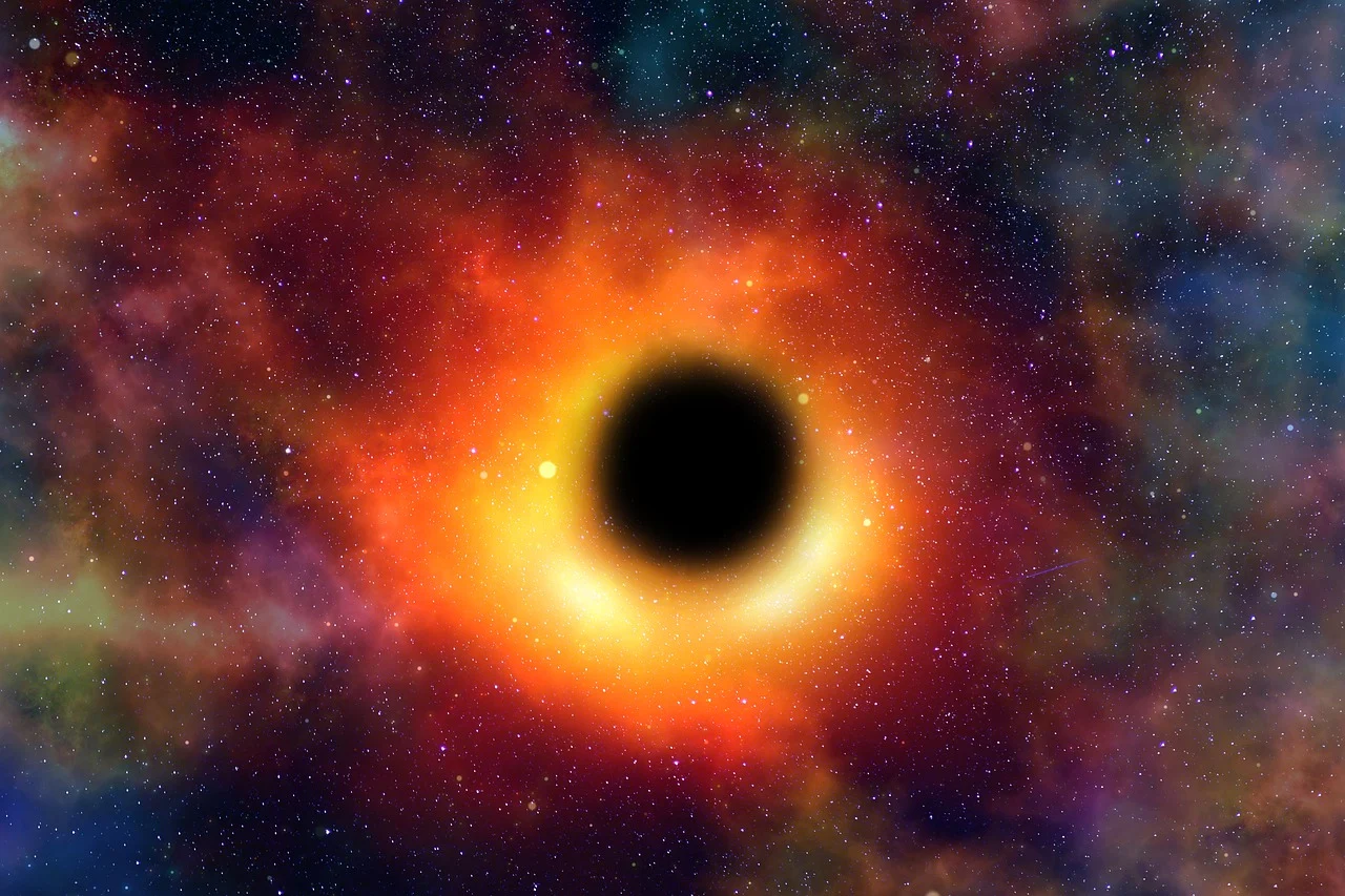 Illustration of a black hole pulling in surrounding matter