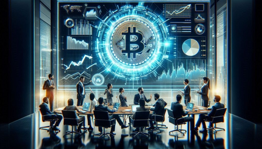Financial expert analyzing Bitcoin price trend on laptop