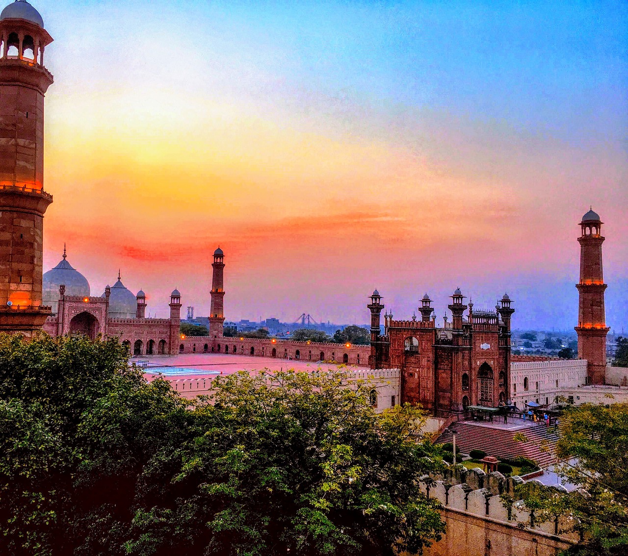 mosque, scenery, sunset, landscape, scenic, nature, sky, outdoors, dusk, lahore, trees, ancient, old lahore, pakistan